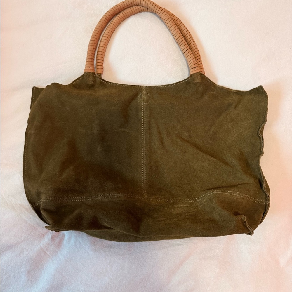 Olive Green Suede Tote Bag with Tan Handles